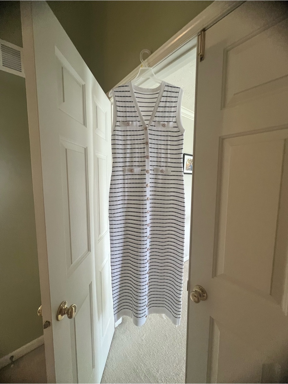 Sleeveless White and black Striped Button-Front Maxi Dress